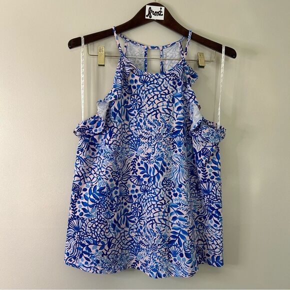 Lilly Pulitzer Blue Light Pink Sea Shells Floral Print Tank w/ Ruffles Women's L - Picture 5 of 6